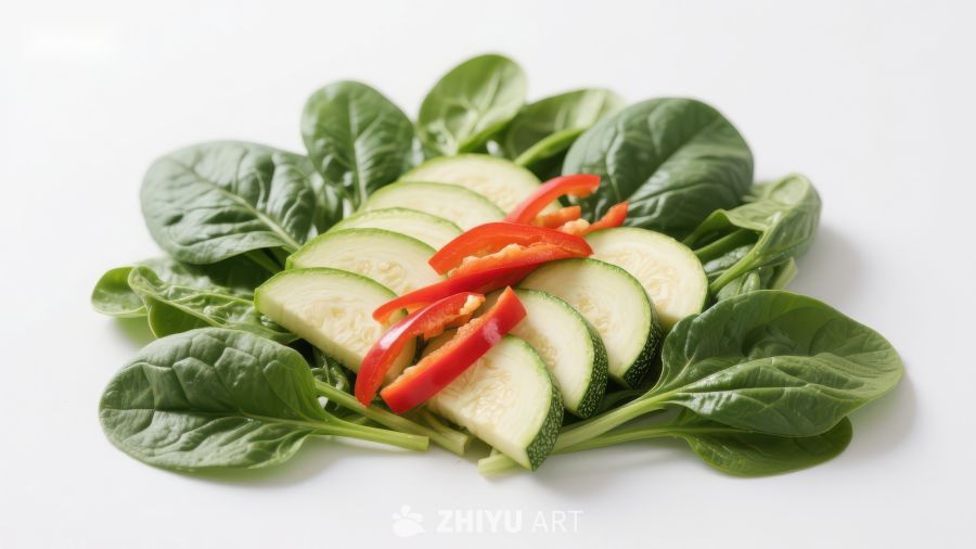 新鲜蔬菜组合：菠菜、黄瓜与红椒