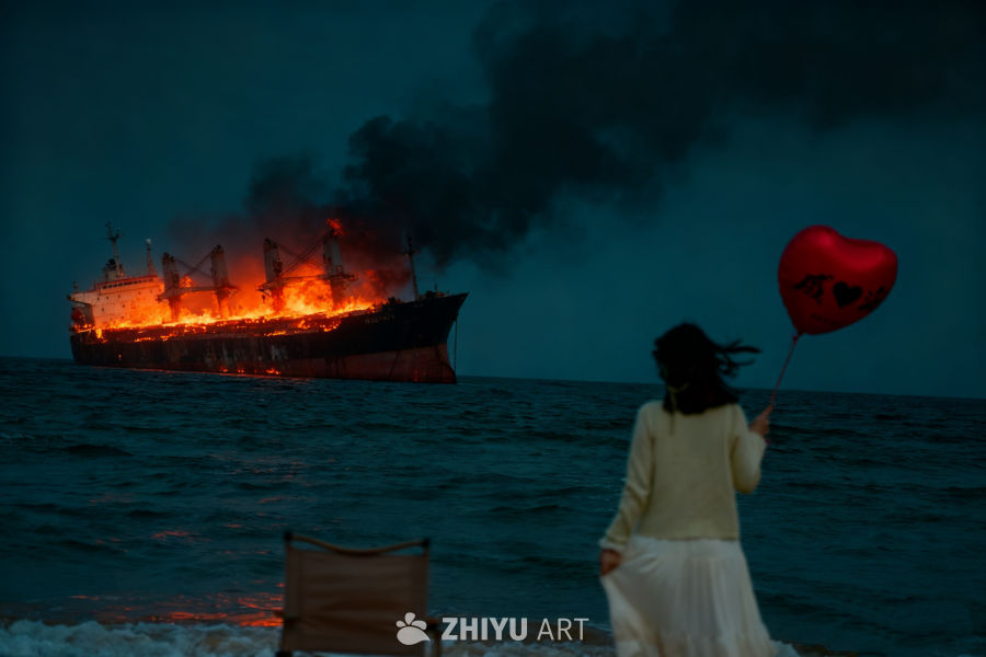 海滩上的燃烧巨轮与孤独女子