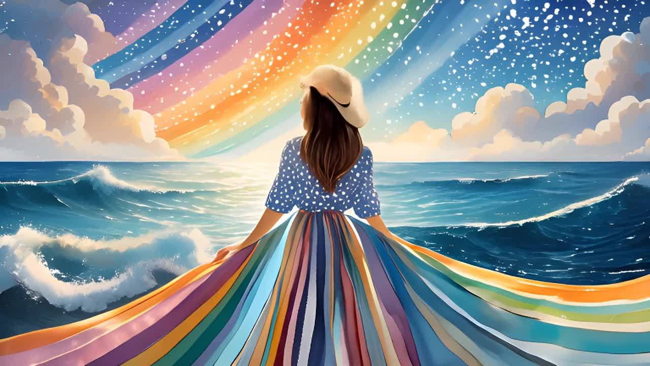 一位身穿波点连衣裙的女子站在彩虹上，背对着平静的水