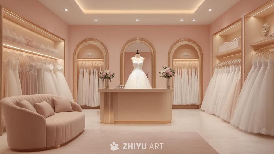 婚纱店内部场景，浅粉色的墙壁，暖色调的灯光。场景内