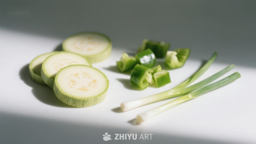 新鲜蔬菜切片：西葫芦、青椒与葱