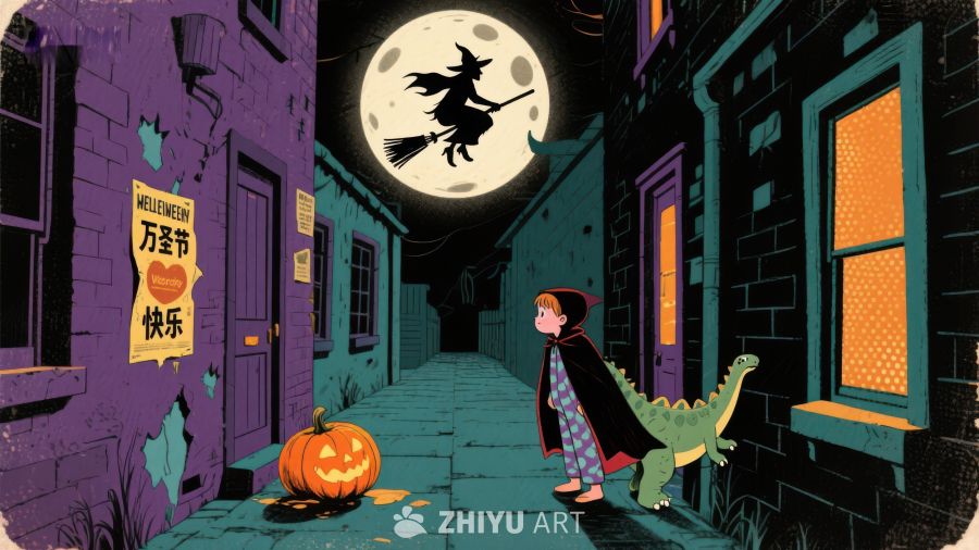 万圣节夜景：小孩与恐龙玩偶在街道上