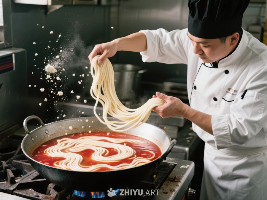 厨师制作拉面，面条落入热汤 62