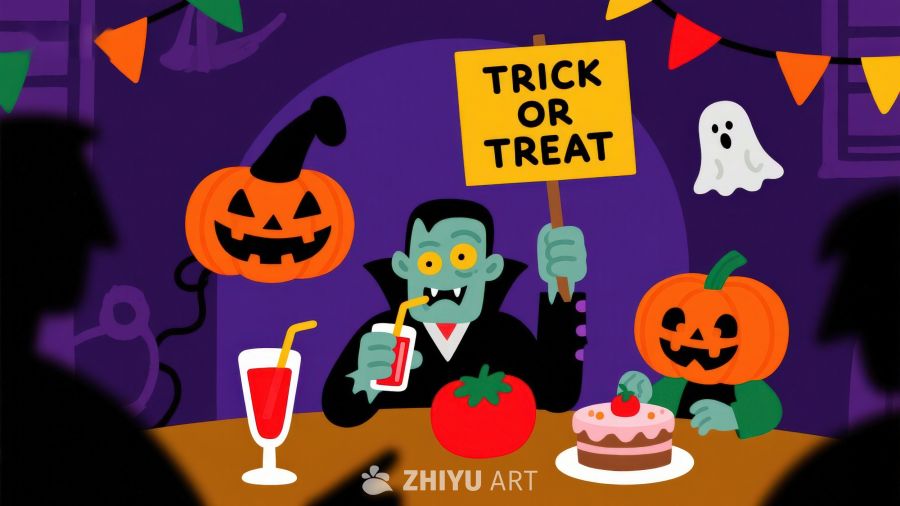 万圣节派对：吸血鬼手持“不给糖就捣蛋”标语