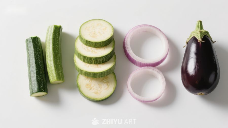 切片蔬菜展示：西葫芦、洋葱与茄子