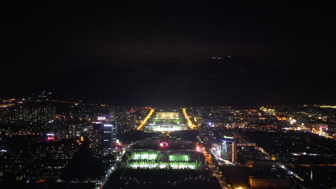 航拍山东泰安会展中心夜景