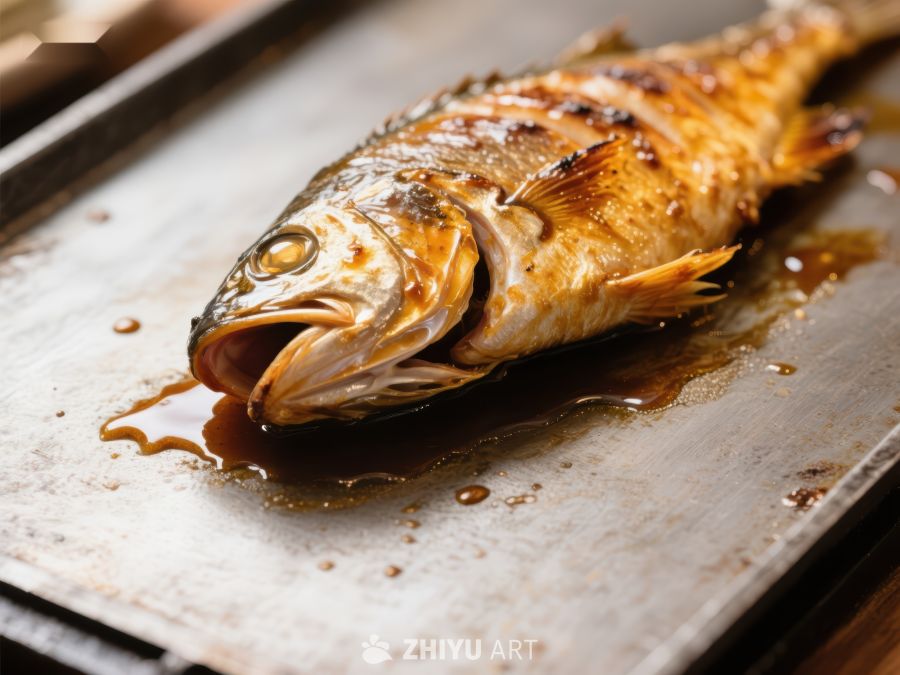 烤鱼特写：酱汁淋漓，色泽诱人