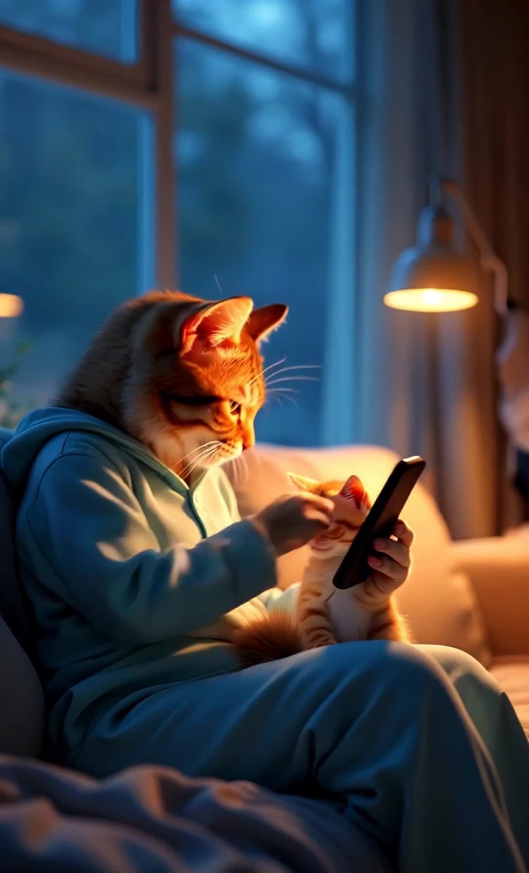 猫人与小猫一同观看手机的温馨画面