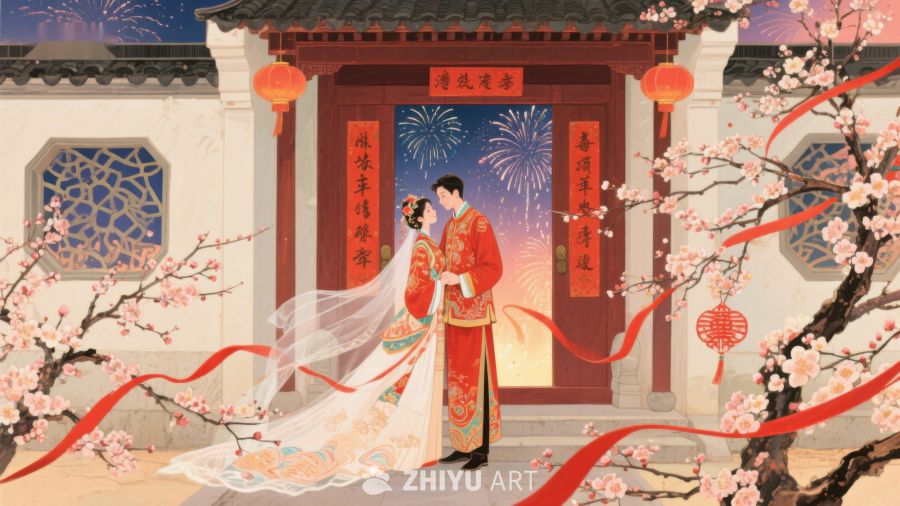 传统婚礼场景：新人在门前相拥 38