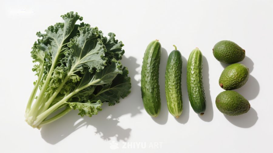 绿色蔬菜与水果的排列展示