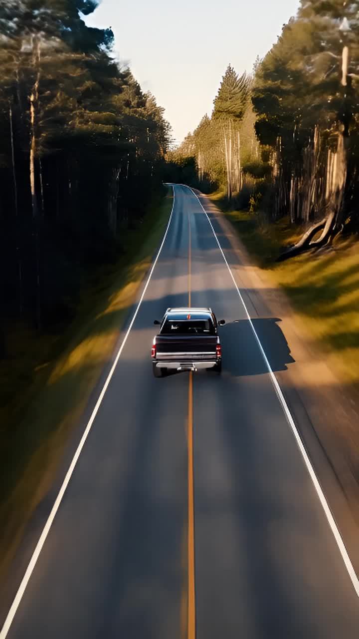 一辆黑色皮卡车正在一条笔直的道路上行驶，道路两旁是