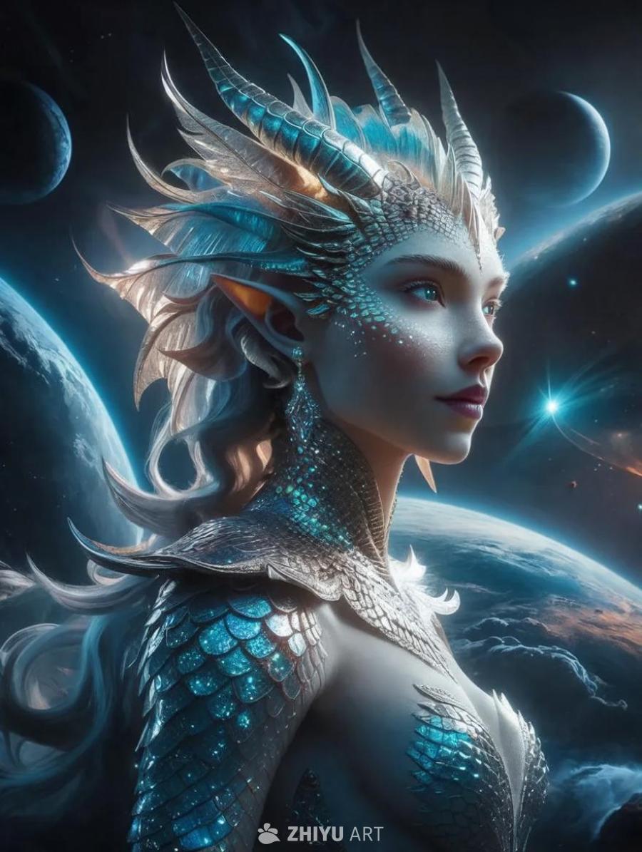 一个奇幻生物的全身肖像，她有着精灵般的尖耳朵和蓝色