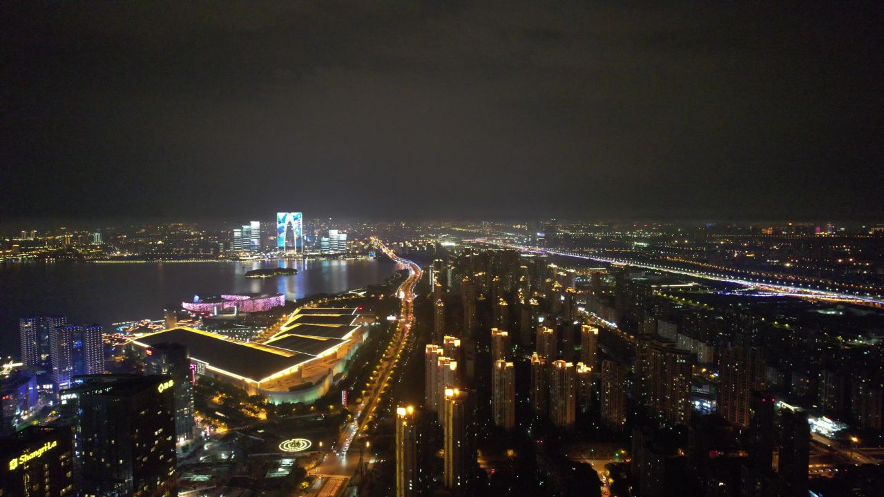江苏苏州工业园区夜景灯光航拍 