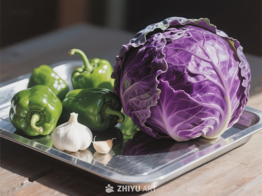 紫甘蓝与绿椒大蒜的静物组合 845