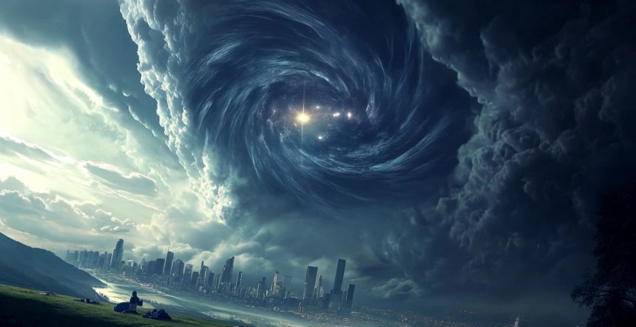 画面展现了灾难场景，天空中出现巨大的漩涡，漩涡中心