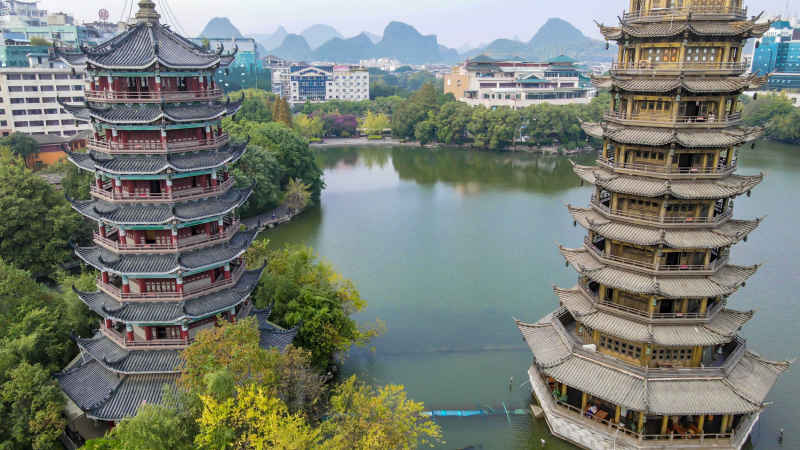 广西桂林日月双塔航拍  