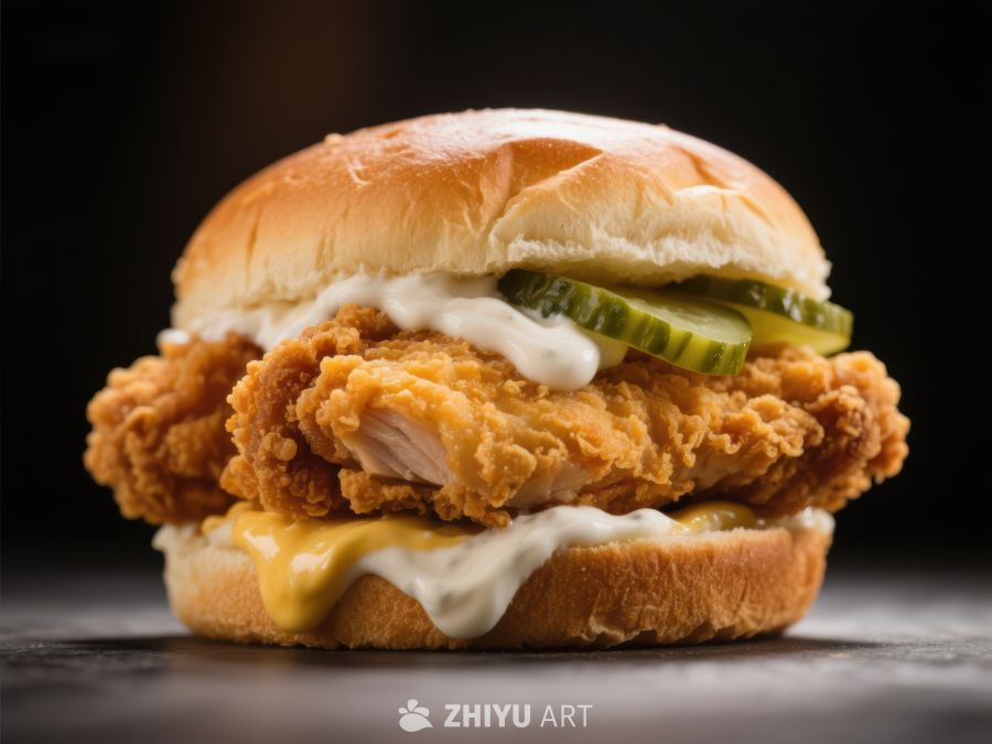 酥脆炸鸡汉堡配酸黄瓜和酱料