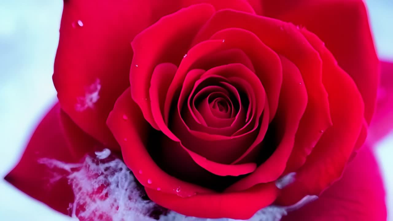 一朵鲜艳的红色玫瑰完全绽放，花瓣上有水滴。玫瑰的特