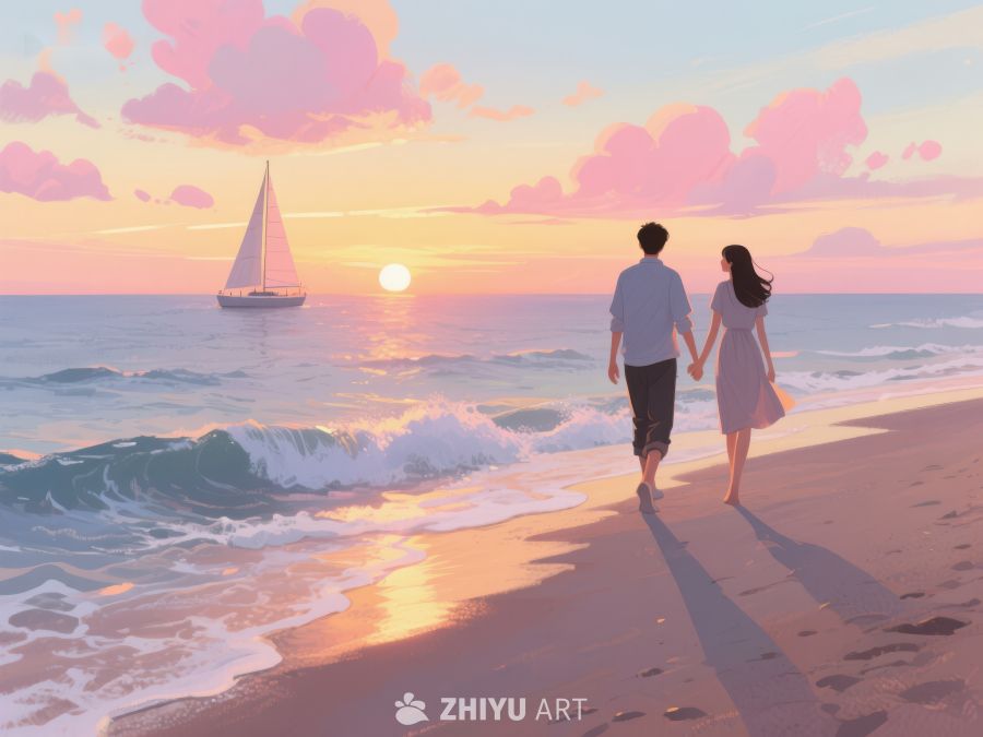 海滩漫步，夕阳下的浪漫时光 259