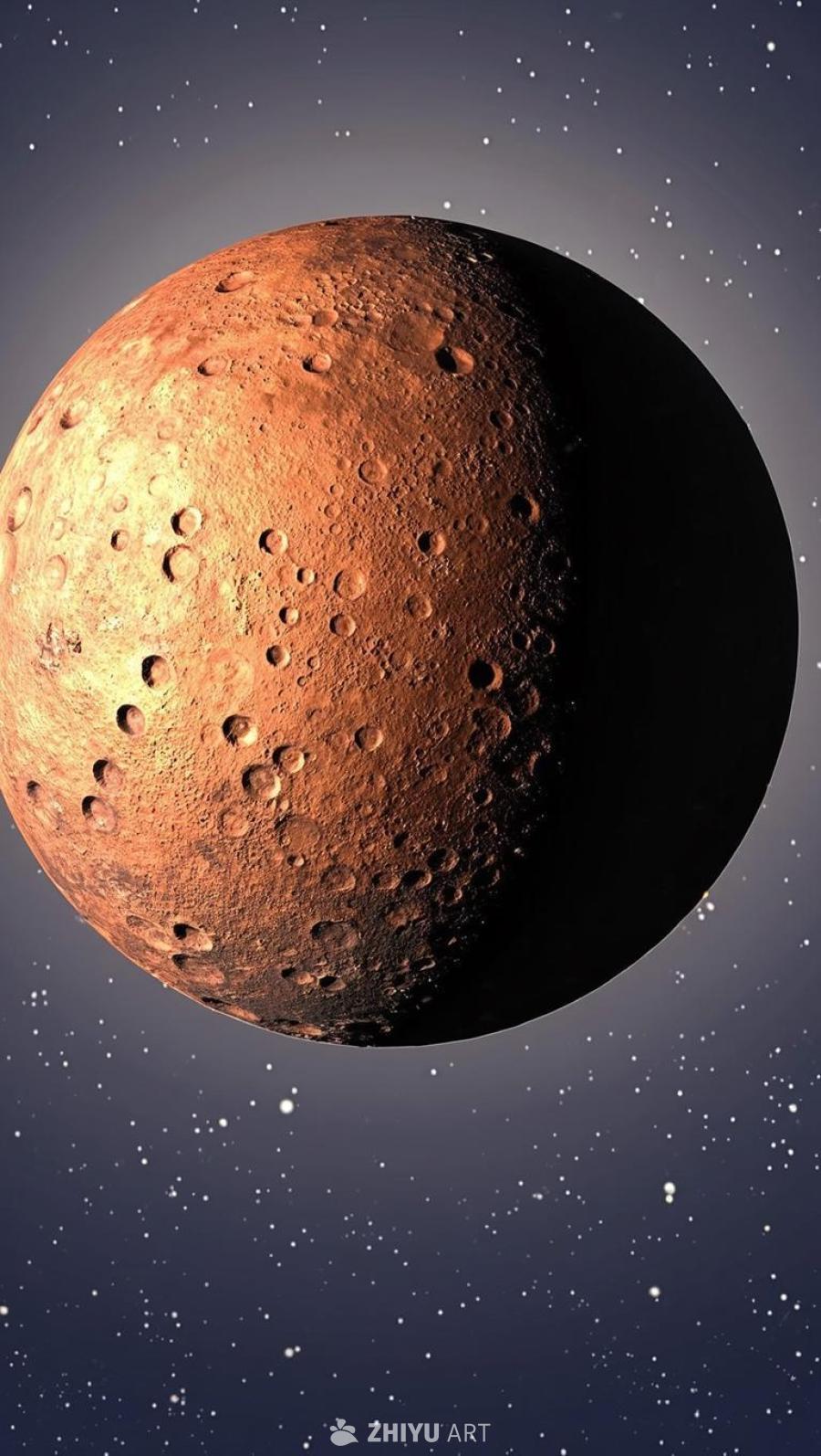 一个坑洼遍布的橙色星球悬浮在深色的星空中，星空中点
