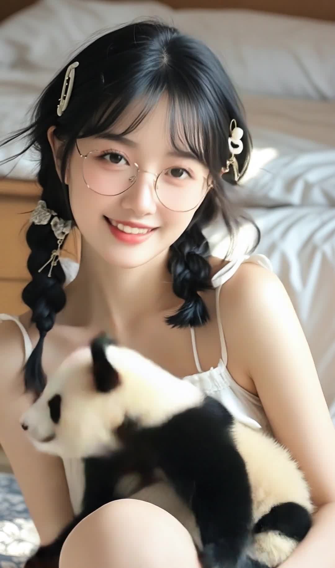 眼镜辫子女孩怀抱熊猫眨眼凝视镜头