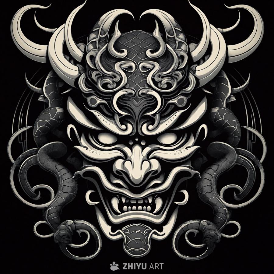 黑白色的标志中，一个风格化的武士鬼面具位于中心。这