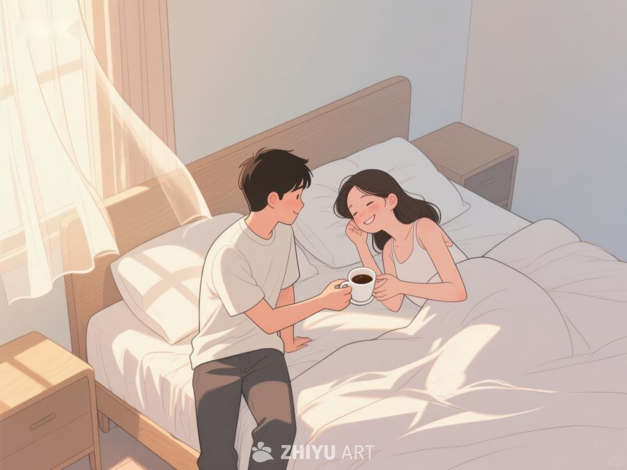 温馨早晨：床边共饮咖啡 832