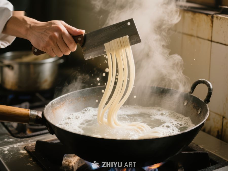 厨师用刀切面入锅煮 124