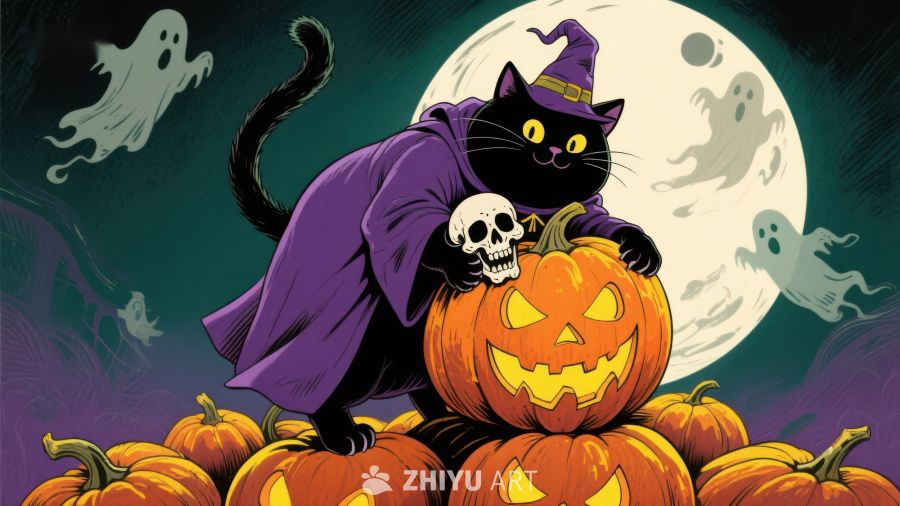 巫师黑猫与南瓜灯的万圣夜