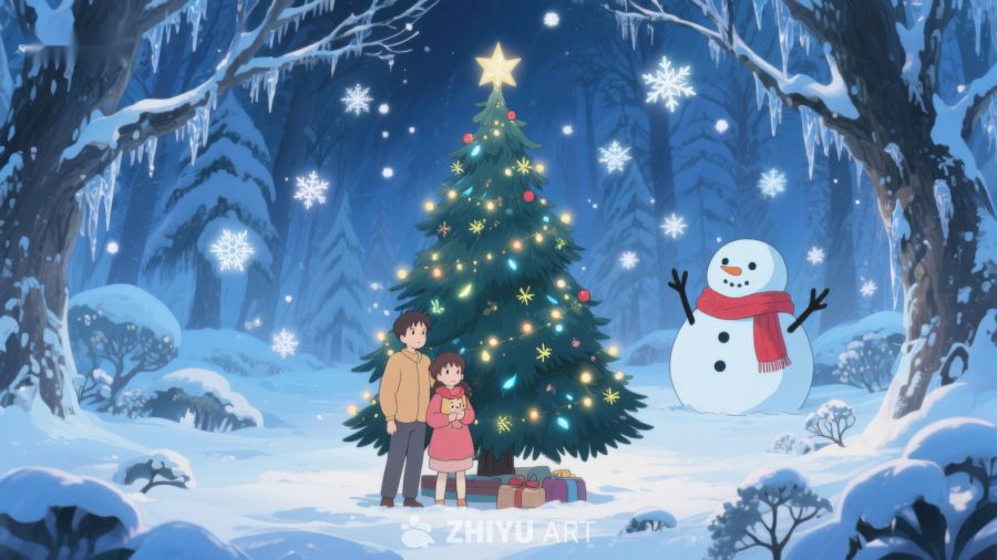 冬夜雪地中的温馨圣诞树 111