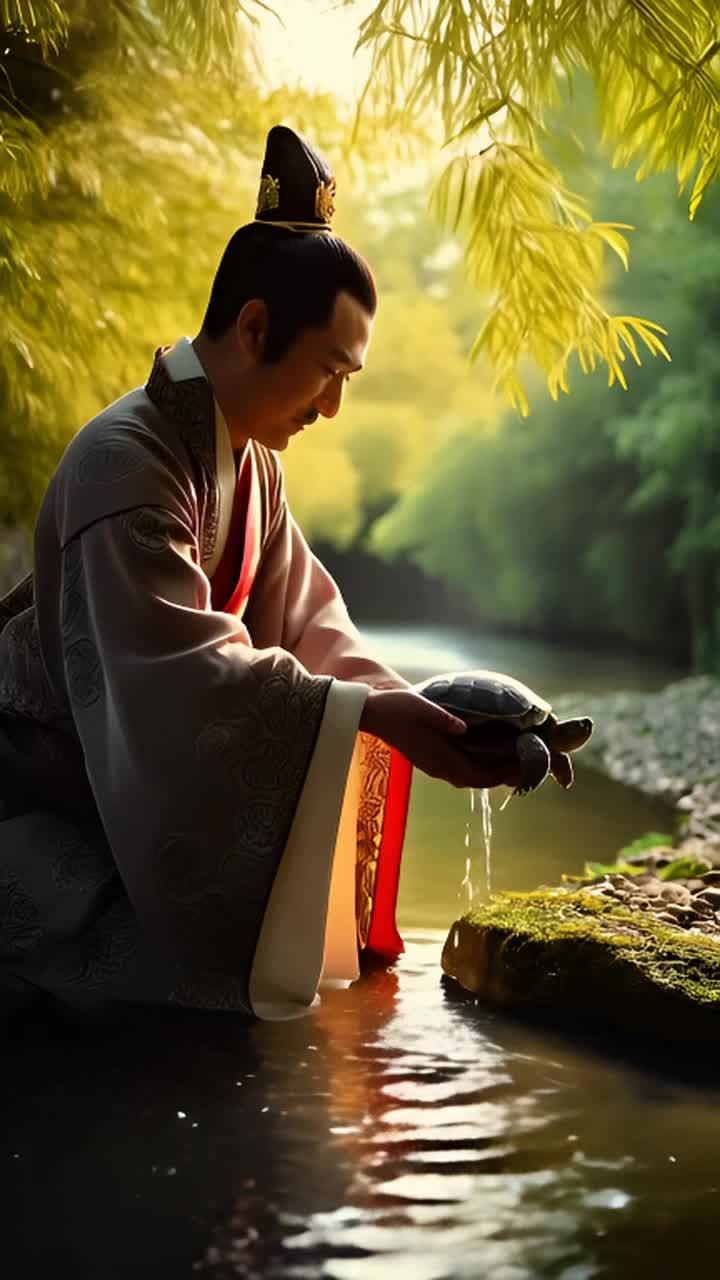 一位中国古代皇帝身着传统夏装，在附近的小河中发现了