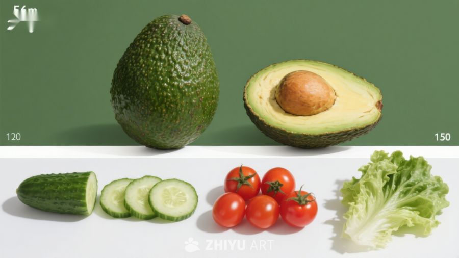 新鲜蔬菜与牛油果静物展示