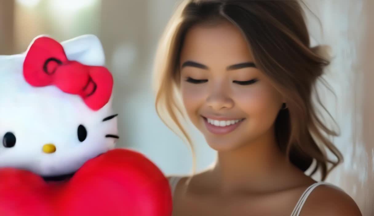 一个卡通人物Hello Kitty手持红心跳入画面