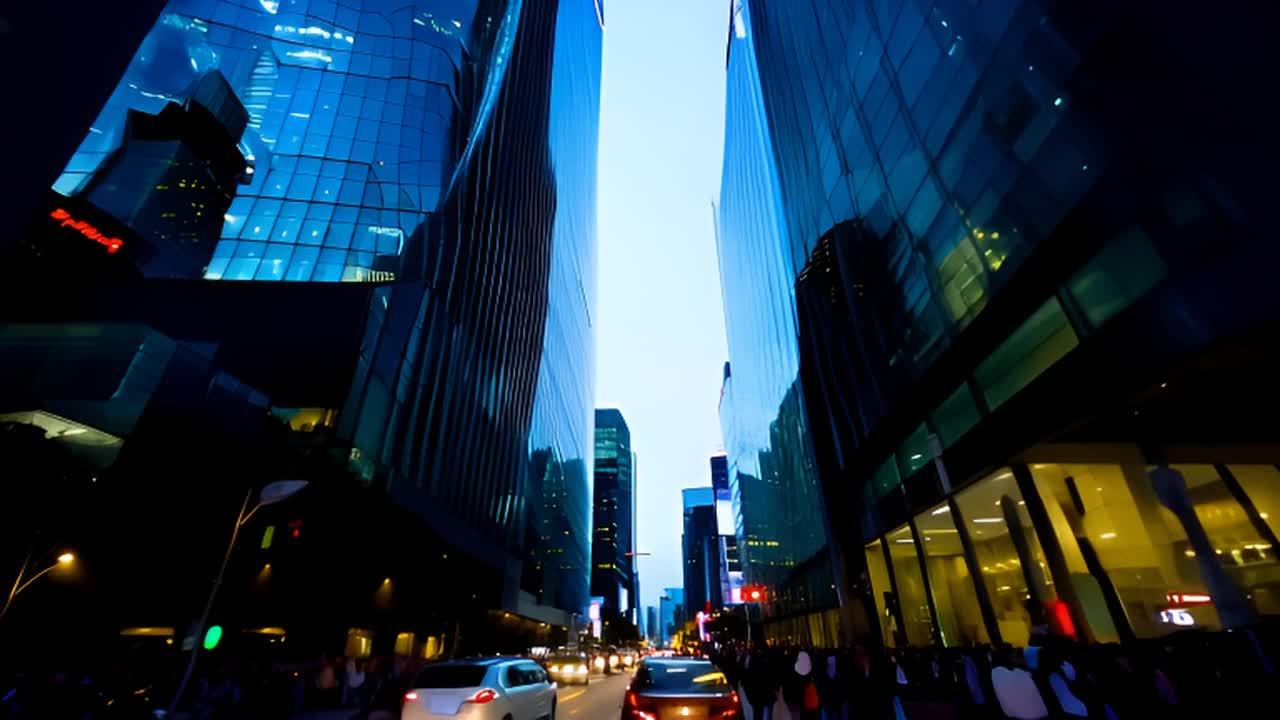 现代城市建筑群，低角度静态拍摄：摩天大楼巍然屹立，