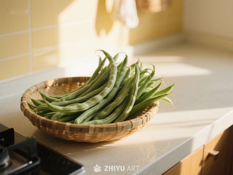 新鲜四季豆置于竹篮中 536