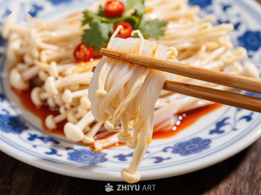 筷子夹起金针菇，美味中式凉菜 680