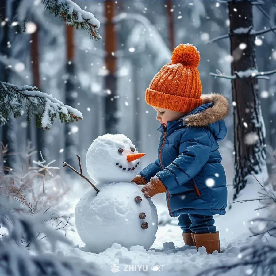 冬季森林，白雪皑皑的场景，一个孩子正在堆雪人，他戴
