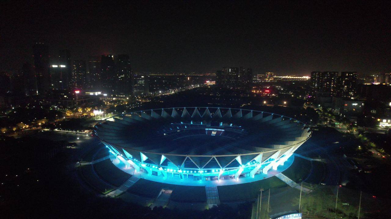 广东佛山世纪莲地标建筑夜景灯光航拍 