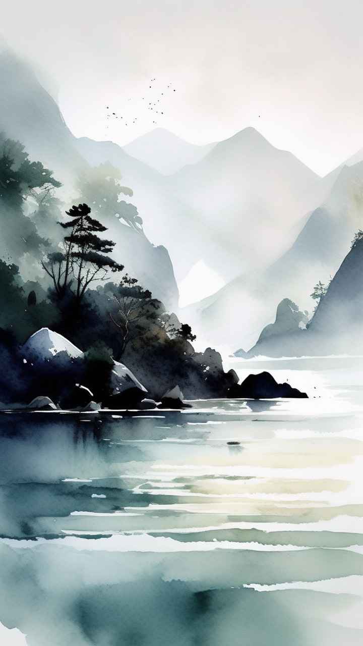 雾气缭绕水墨山水画简约风格 11
