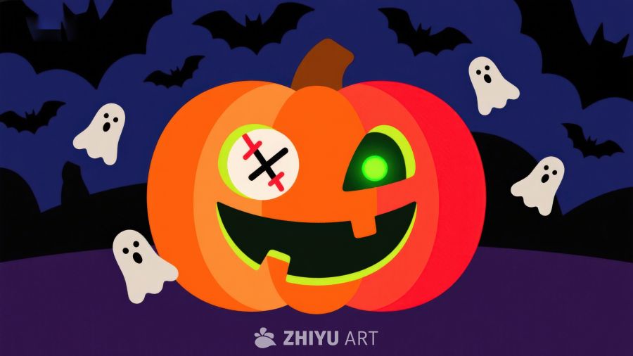 万圣节南瓜灯与幽灵蝙蝠背景