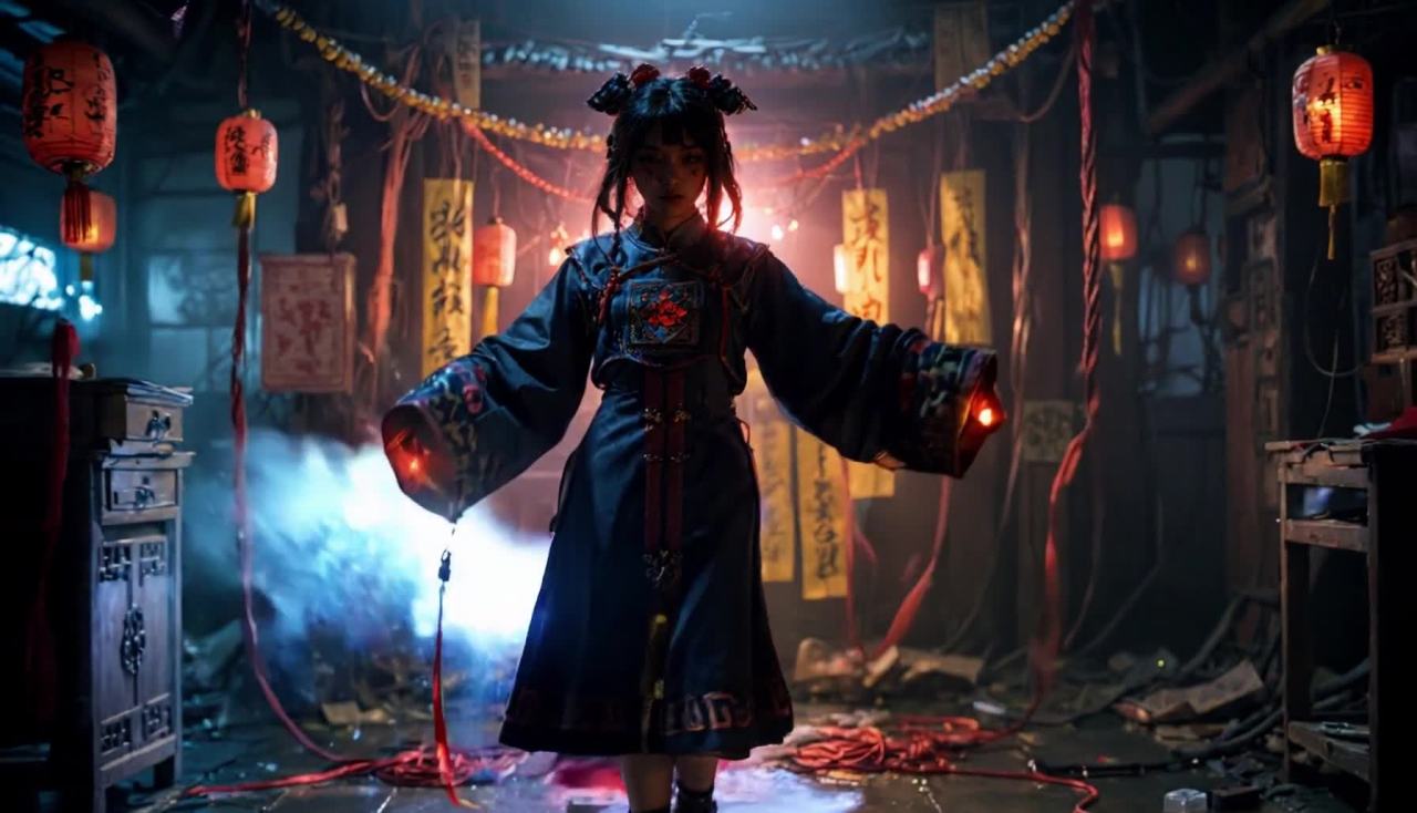 画面中，一位身着古装的女性站在一个昏暗的房间里，她