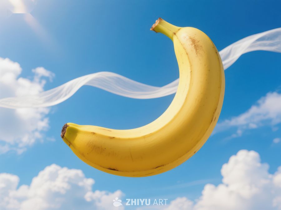 香蕉飘浮空中，丝带环绕 473