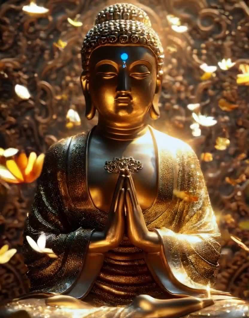 一尊金色的佛像呈现在画面中，佛像双手合十置于胸前。