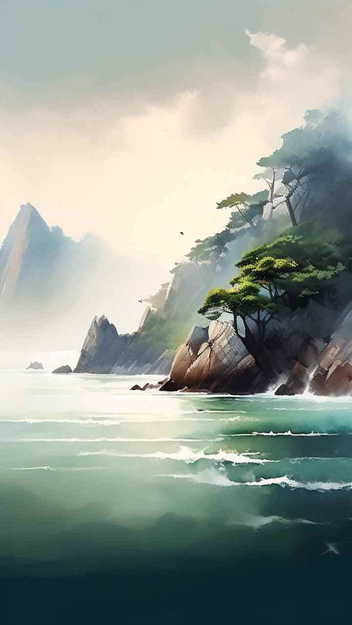 雾气缭绕大海山水画简约风格 10