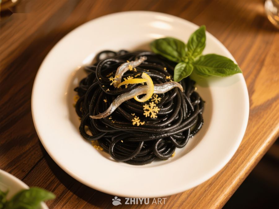 黑墨鱼汁意面配银鱼与罗勒