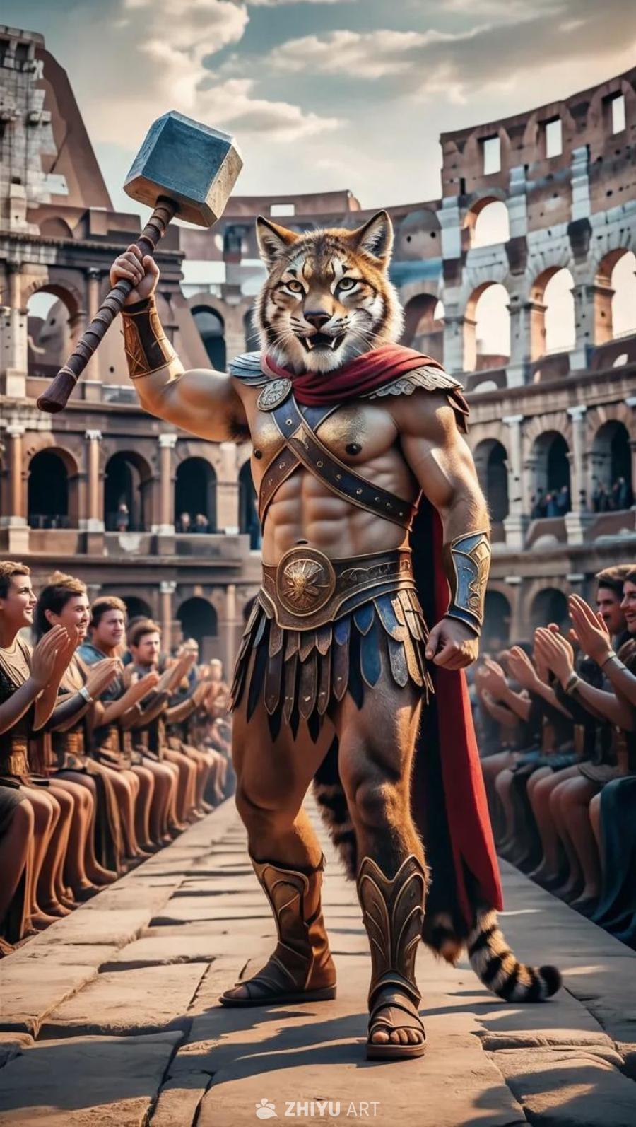 在斗兽场内，一个拥有人形身体和野猫头的神话战士，手