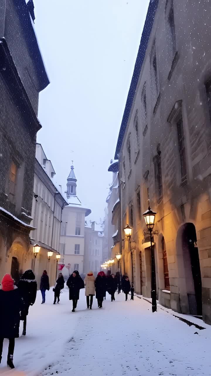 雪中的城市景观，柔软的雪花落在古老的石建筑上，人们