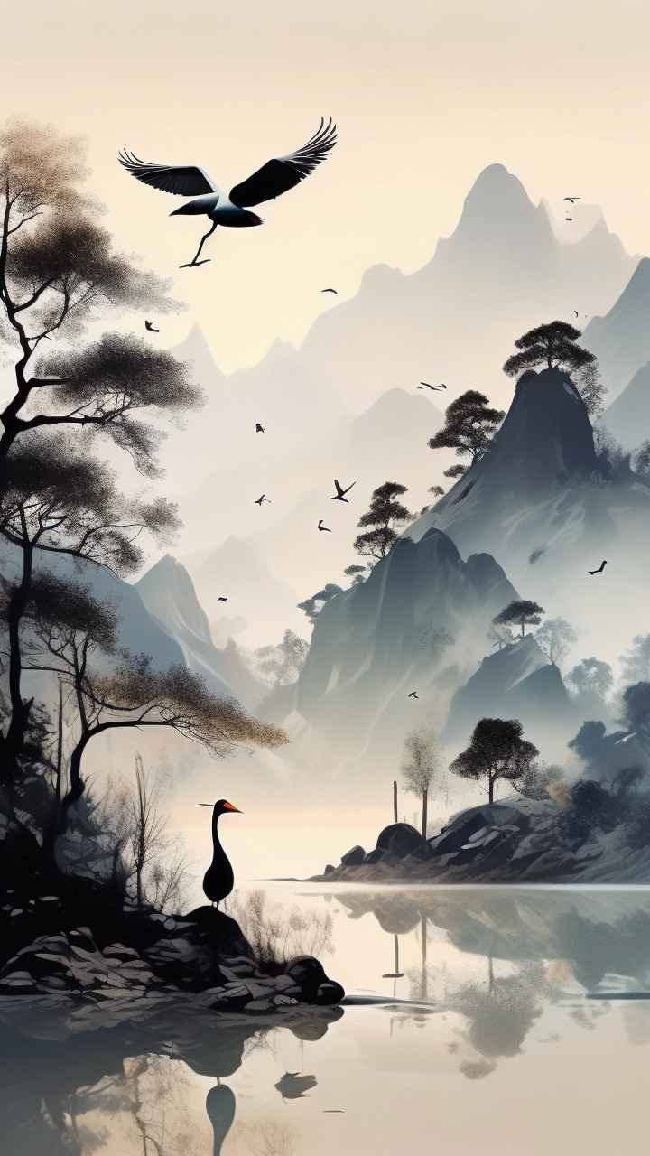 国风山水鹤插画背景 98