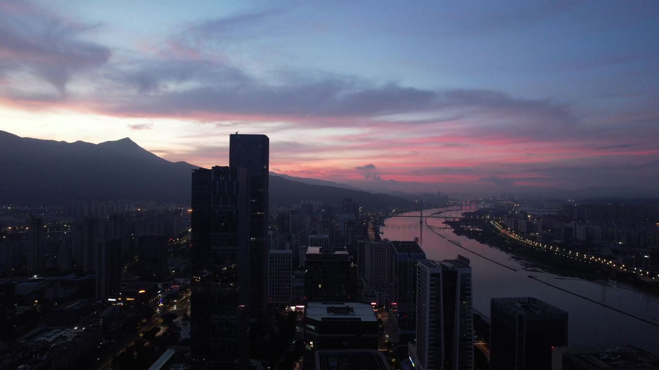 福建福州城市清晨闽江日出航拍