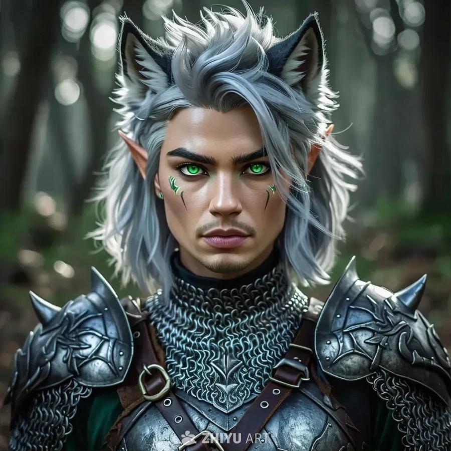 一个混合人战士，有着绿色的眼睛和狼一样的耳朵，穿着